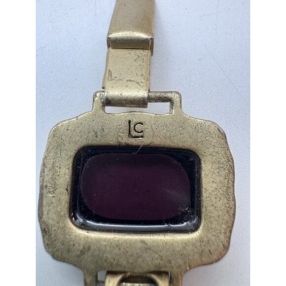 LIZ CLAIBORNE Signed LS Purple Glass Cabochons Two Gold Tone Wide Bracelet VTG - Picture 11 of 13